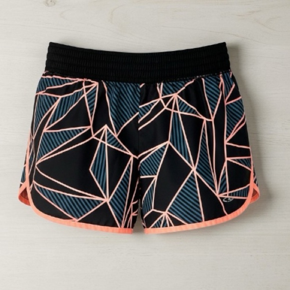 Champion Women's Black Athletic Shorts with Coral Trim and Blue Geometric Print